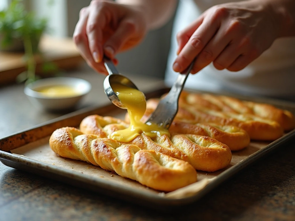 Brushing hot homemade breadsticks with garlic butter