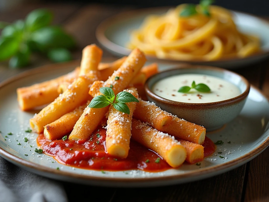Homemade breadsticks served with pasta and dipping sauces