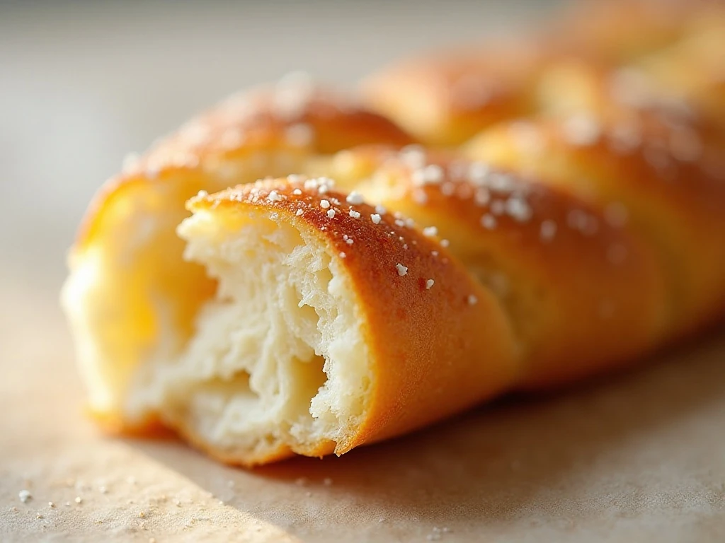 Close-up of the soft chewy interior of a buttered breadstick