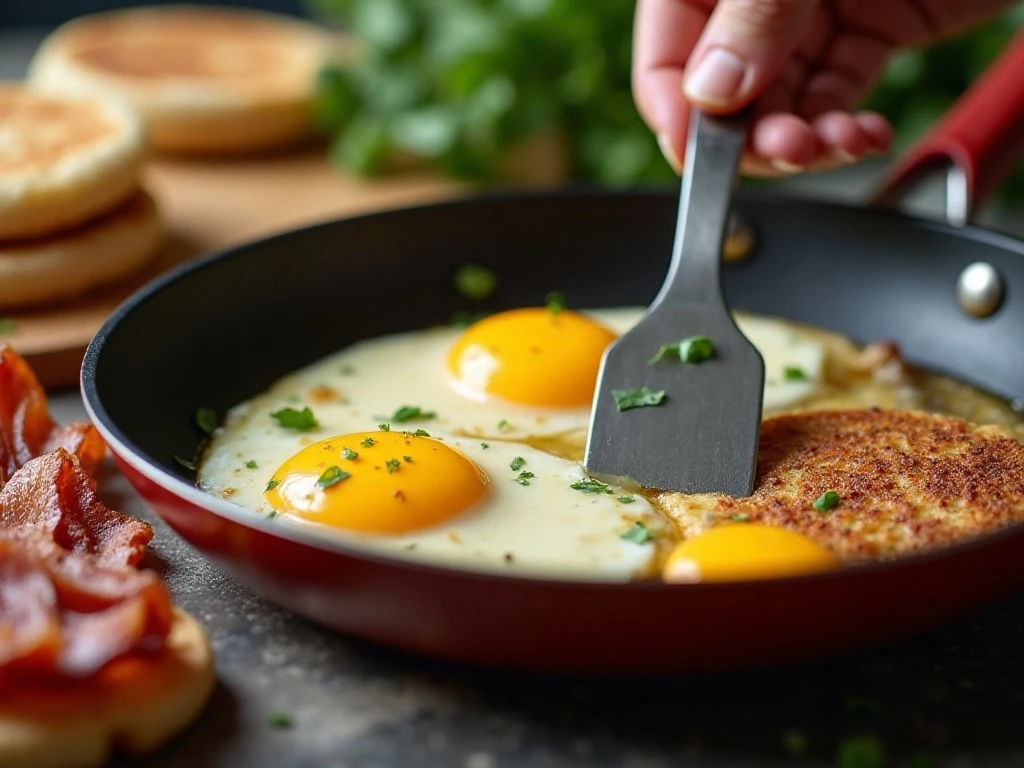 Cooking fluffy scrambled eggs for breakfast sandwiches