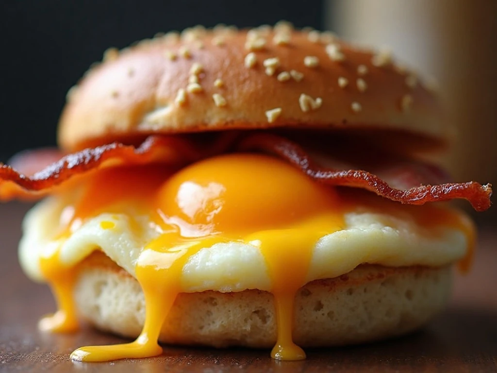 Close-up of tender eggs and melted cheese in a breakfast sandwich