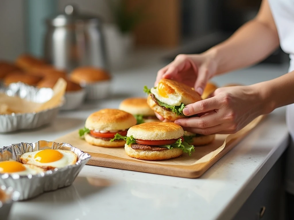 Make-ahead breakfast sandwiches prepared for freezing