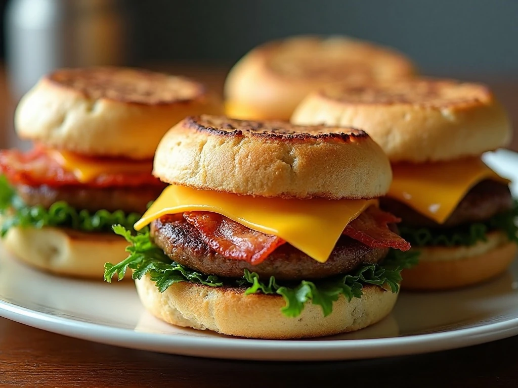 Different breakfast sandwich variations with bacon sausage and vegetables