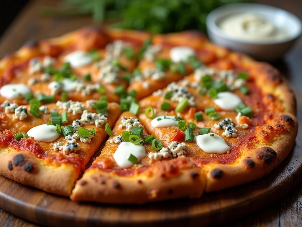 Homemade Buffalo chicken pizza with mozzarella, blue cheese, green onions, and ranch