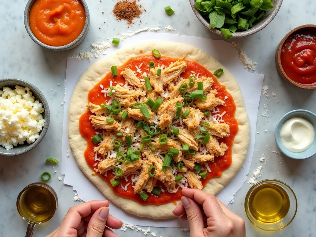 Ingredients for homemade Buffalo chicken pizza arranged on a counter