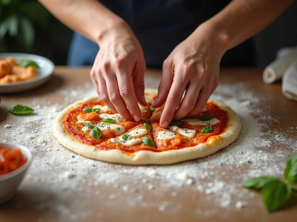 Preparing pizza dough and toppings for Buffalo chicken pizza