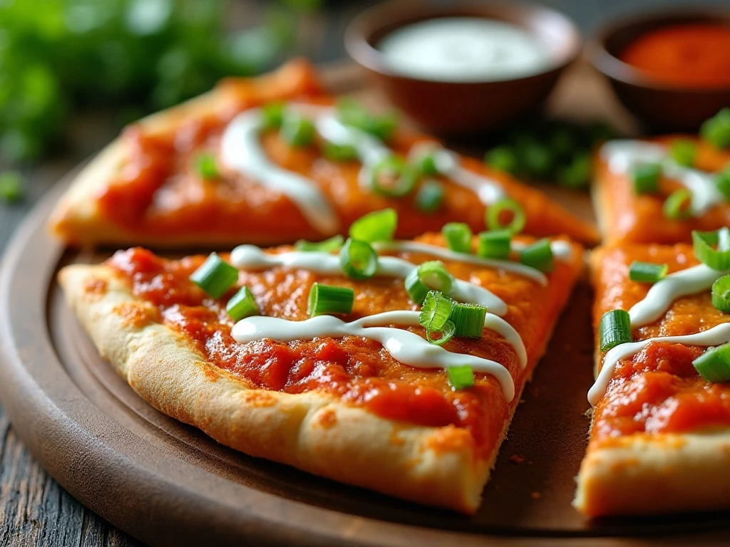 Buffalo chicken pizza slice garnished with ranch, green onions, and celery