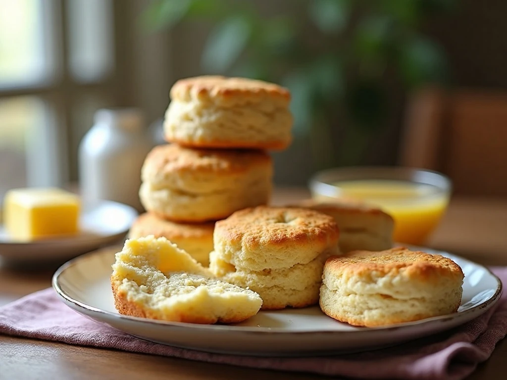 Tall homemade buttermilk biscuits with flaky layers served warm on a plate