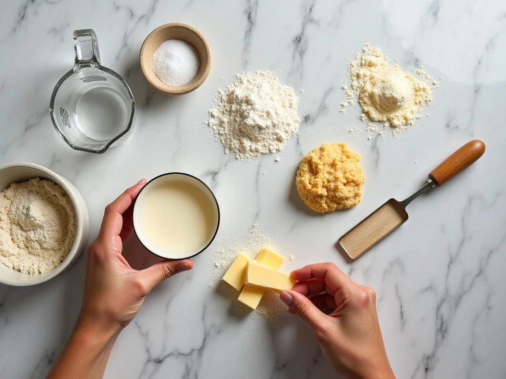 Ingredients for homemade buttermilk biscuits including cold butter and buttermilk