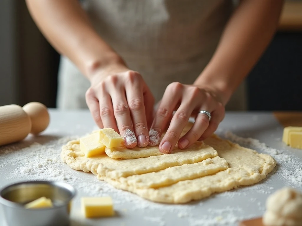 Buttermilk biscuit dough being folded to create flaky layers