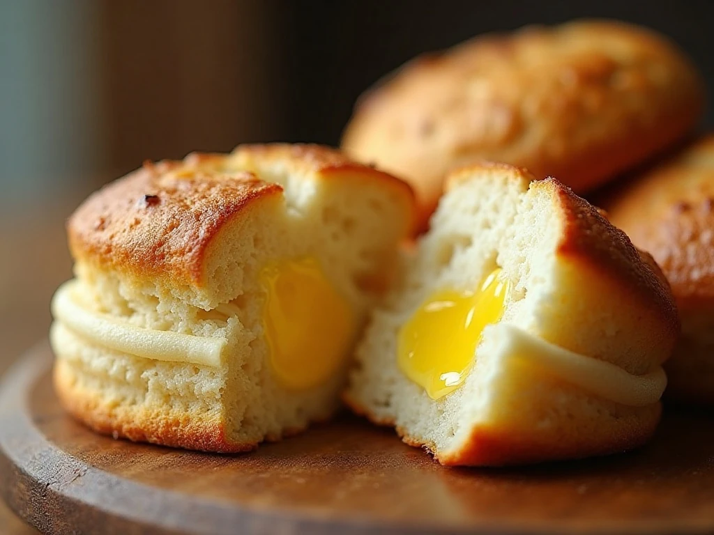 Close-up of flaky biscuit layers and golden buttery crust