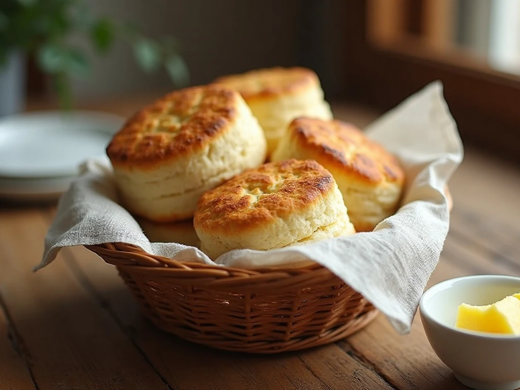 Warm homemade biscuits served in a bread basket with butter