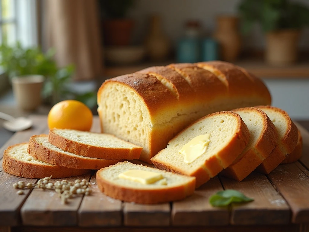 Homemade honey buttermilk bread loaf with buttered slices