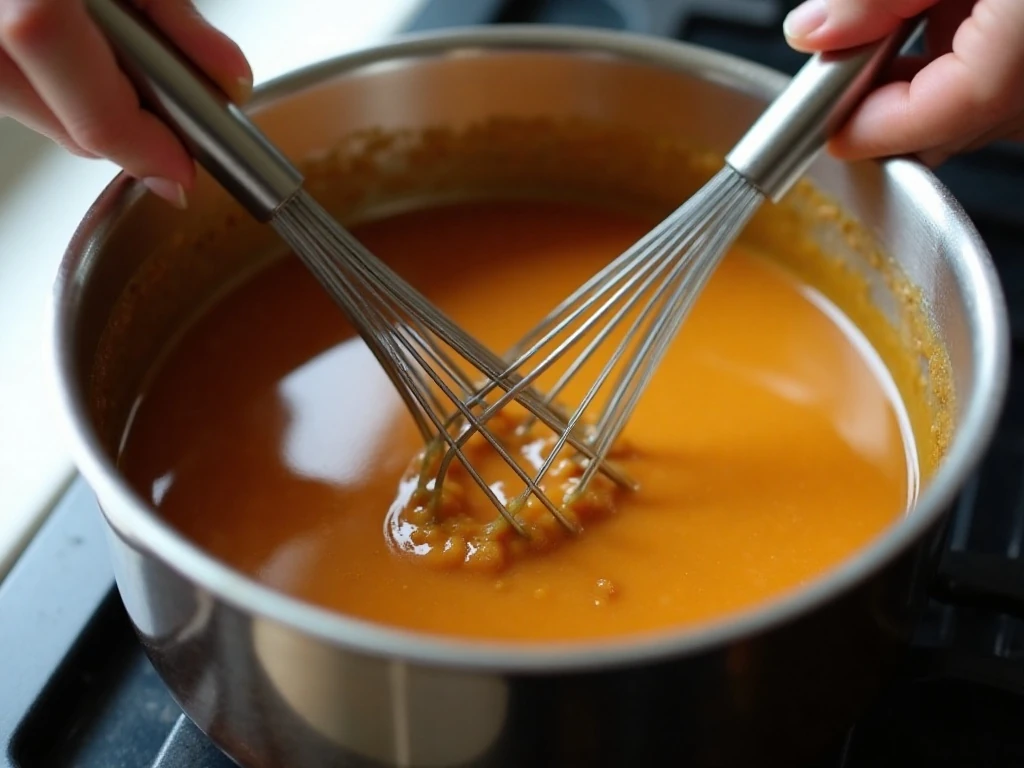 Whisking butterscotch pudding as it thickens in a saucepan
