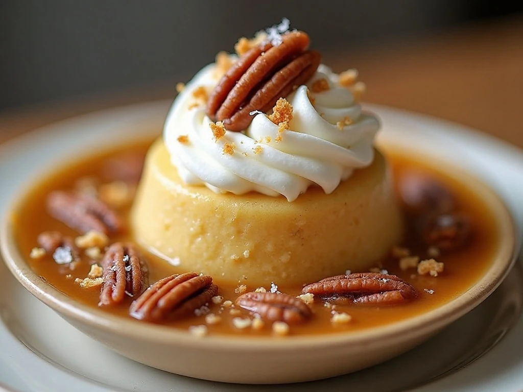 Butterscotch pudding topped with whipped cream pecans and toffee
