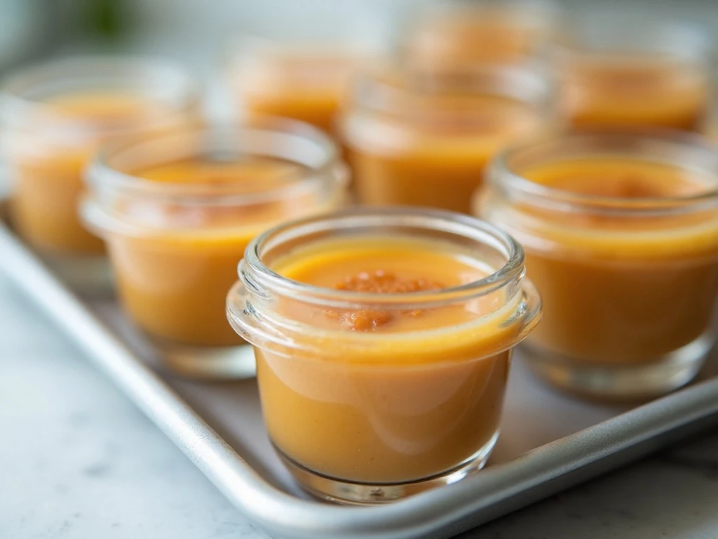 Covered individual servings of butterscotch pudding ready to chill