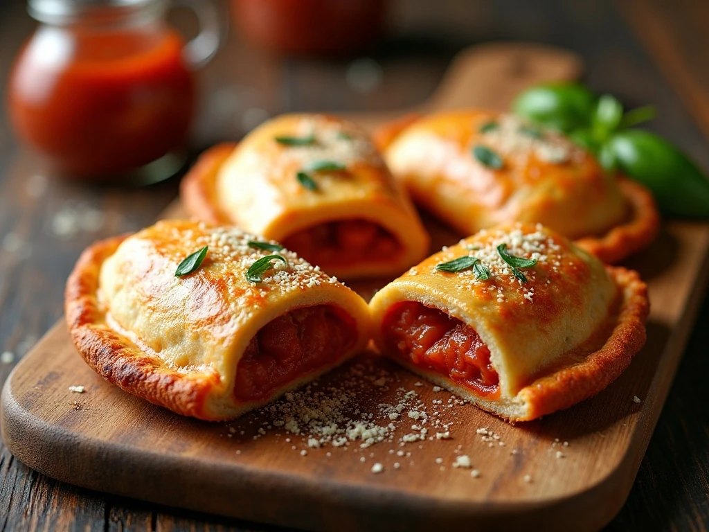 Golden homemade pepperoni calzones with melted cheese and marinara sauce
