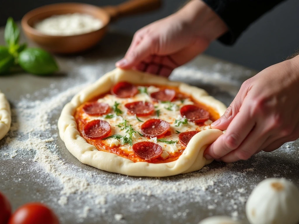 Filling and folding homemade pepperoni calzone dough