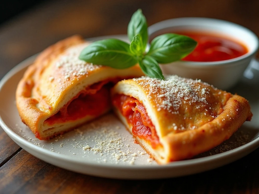 Sliced pepperoni calzone garnished with basil and served with marinara