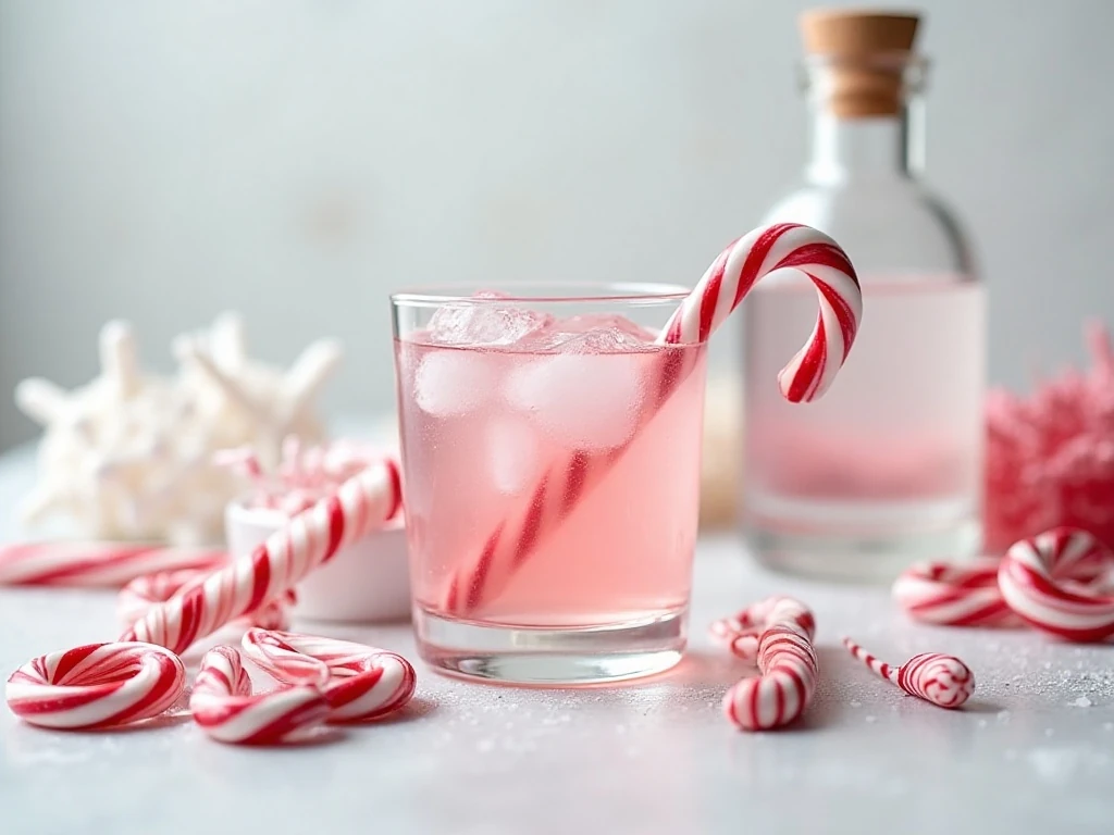 Homemade candy cane vodka served chilled with peppermint candy canes