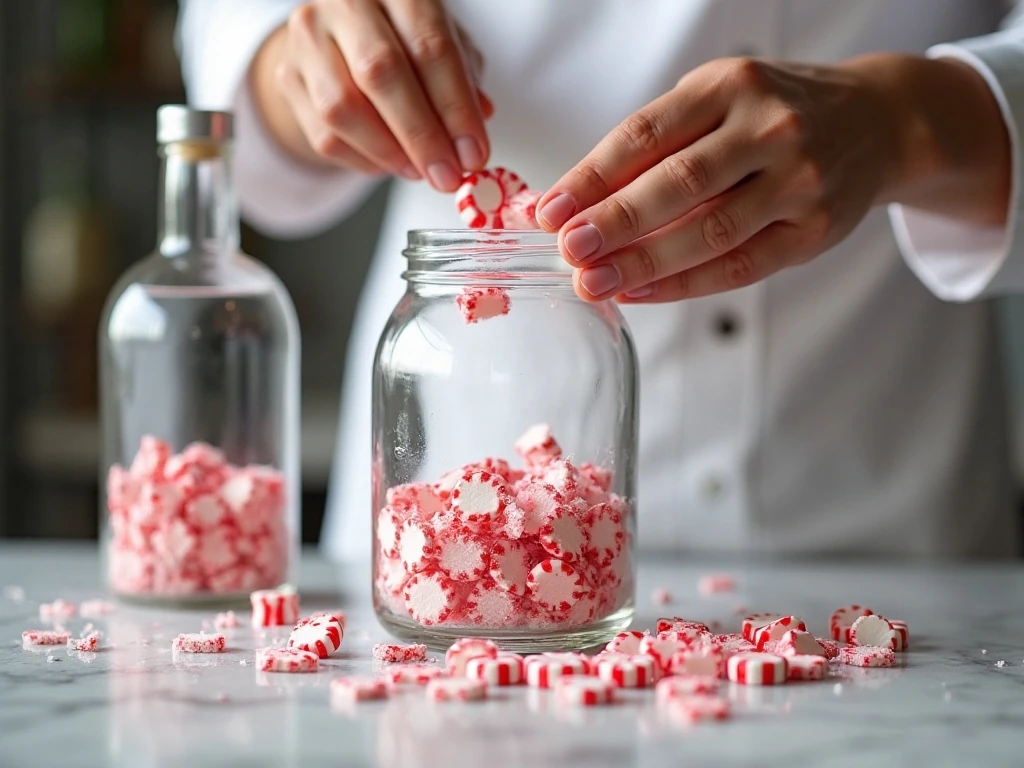 Broken candy canes being prepared for homemade vodka infusion