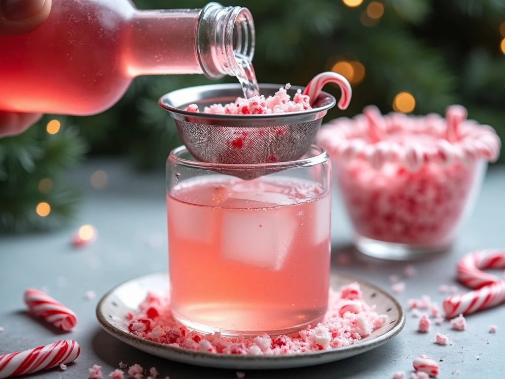 Straining and serving pink candy cane vodka