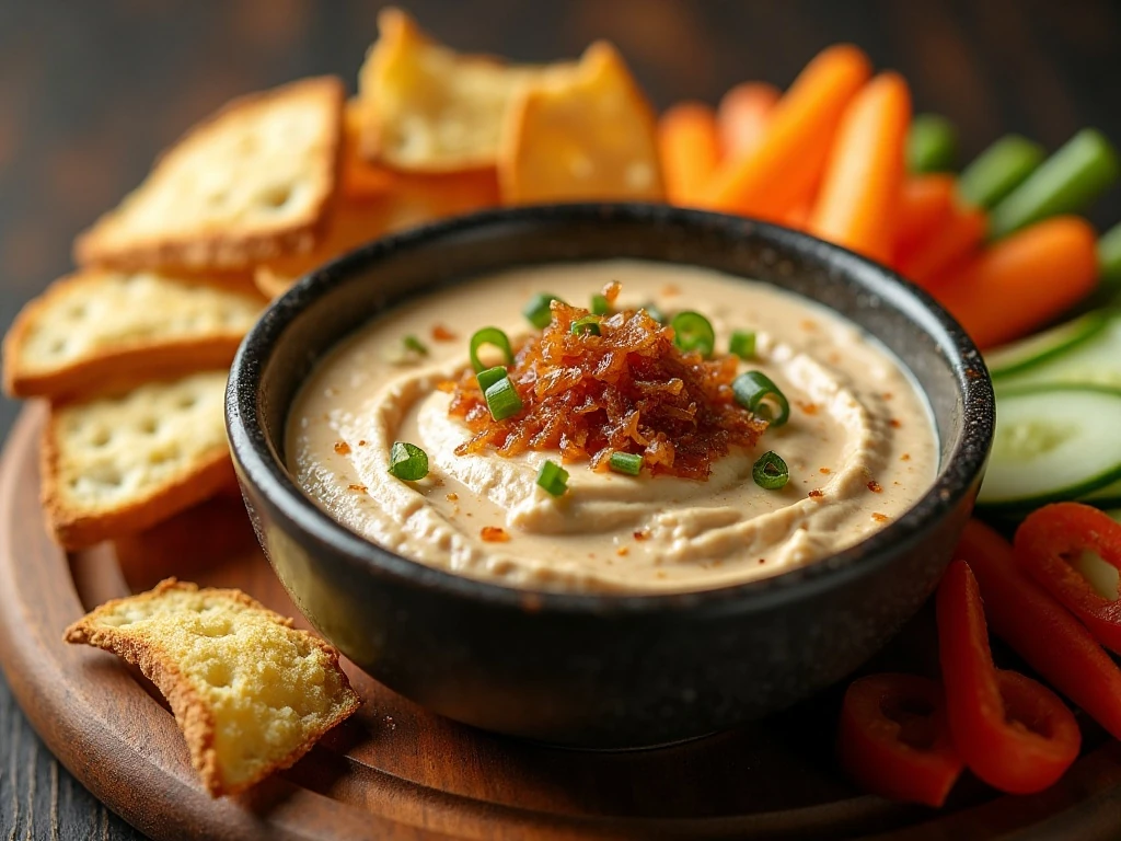 Creamy homemade caramelized French onion dip served with chips and vegetables