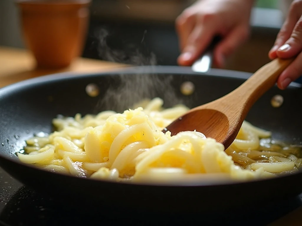 Yellow onions cooking slowly for French onion dip
