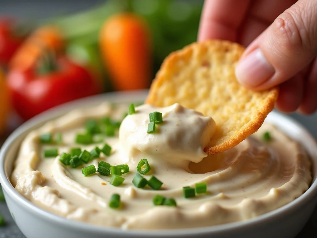 Caramelized French onion dip garnished with fresh chives