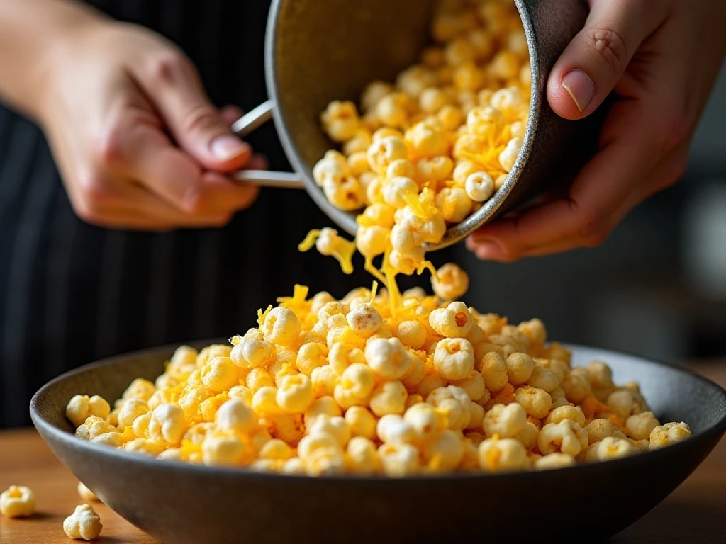 Fresh popcorn being prepared for cheddar seasoning