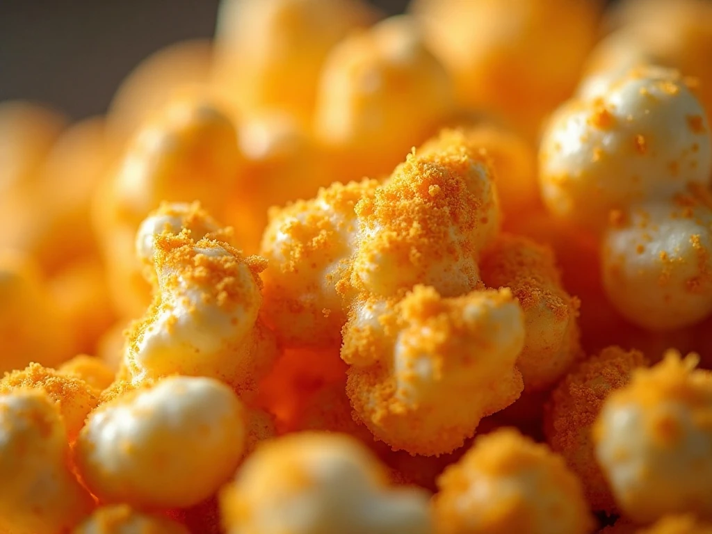 Close-up of cheddar seasoning coating crisp popcorn