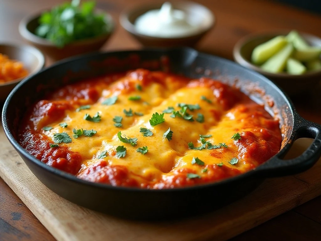 Family-style pan of bubbling homemade cheese enchiladas with toppings