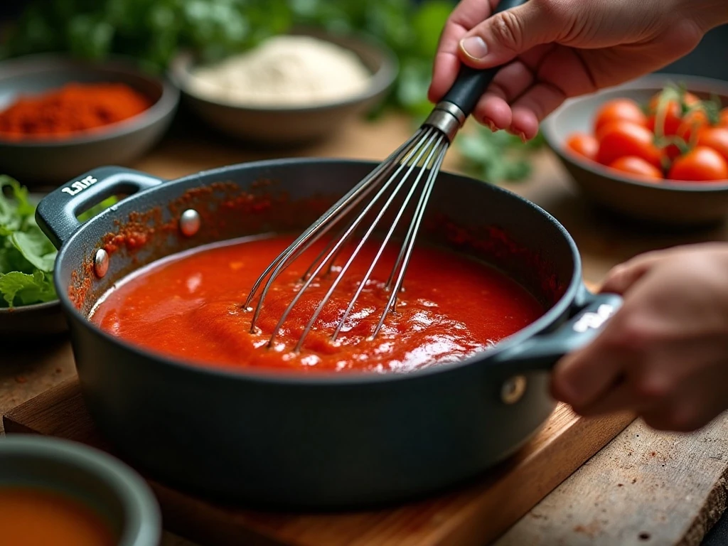 Quick homemade red enchilada sauce simmering in a saucepan