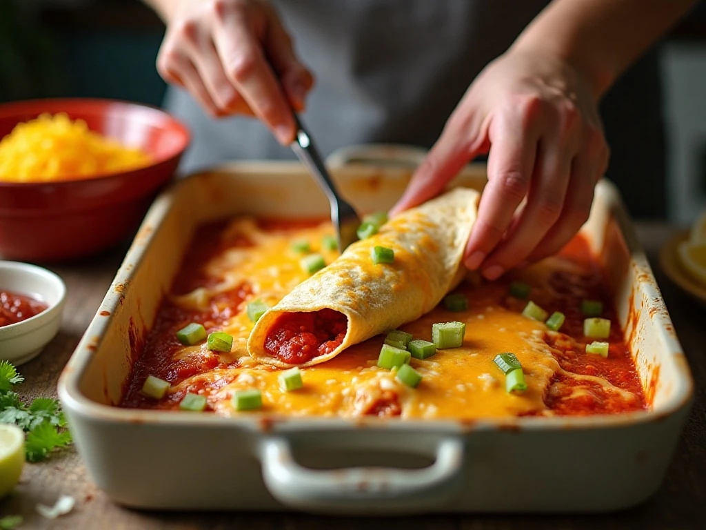 Filling and rolling a corn tortilla for cheese enchiladas