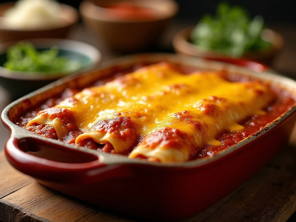 Bubbling homemade cheese enchiladas served in a baking dish