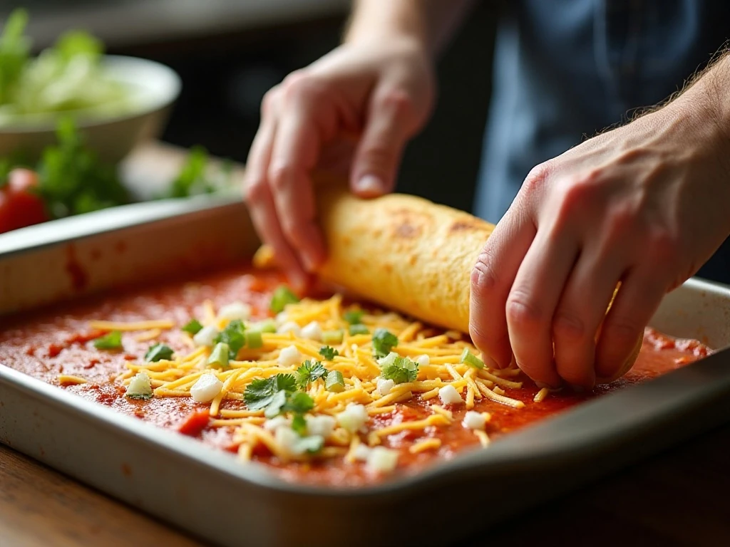 Rolling a cheese-filled corn tortilla for enchiladas