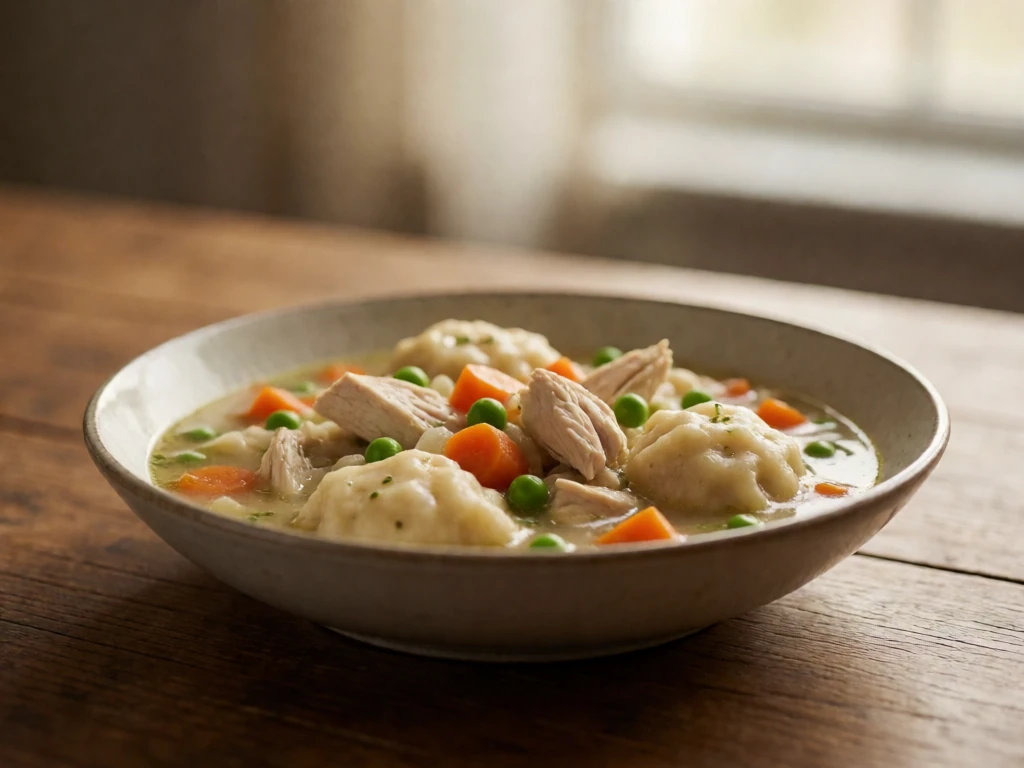 Homemade chicken and dumplings served in a bowl