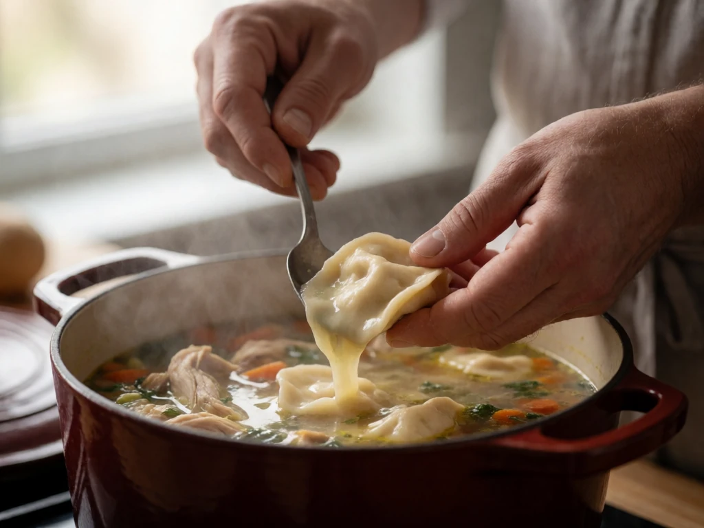 Drop dumpling dough added to simmering chicken soup