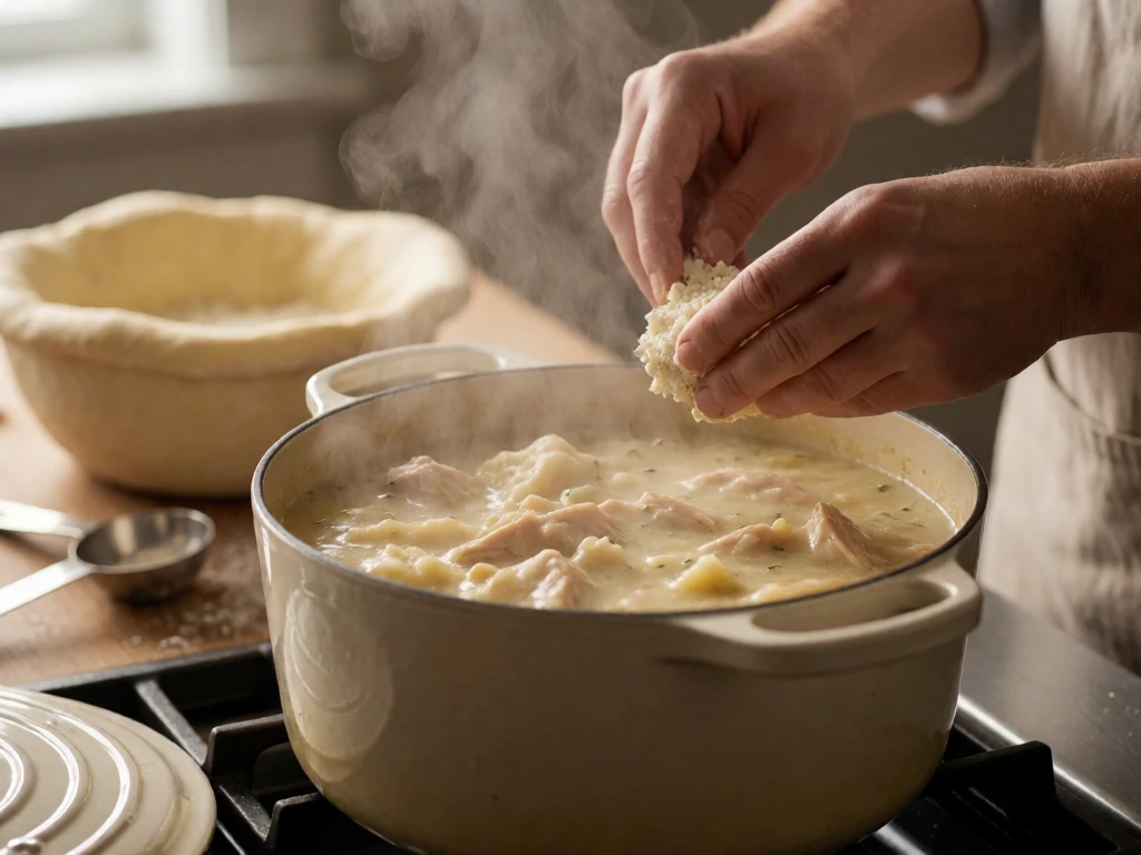 Chicken and dumplings steaming gently in a Dutch oven