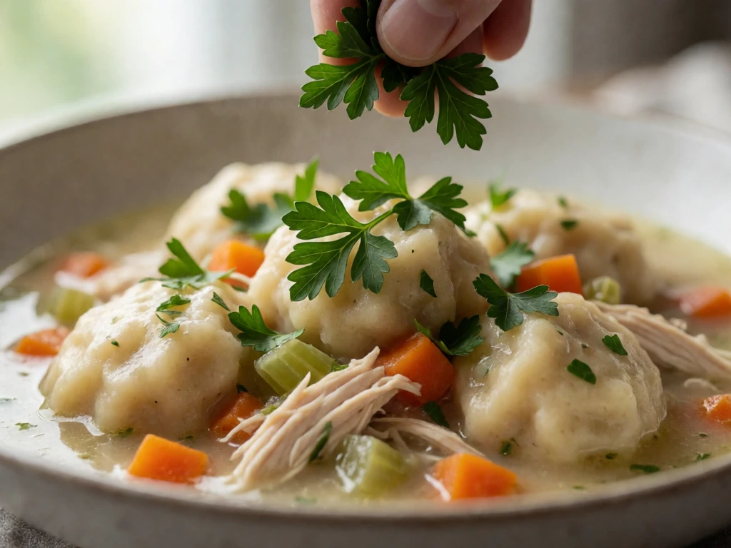Parsley garnish on a finished bowl of chicken and dumplings