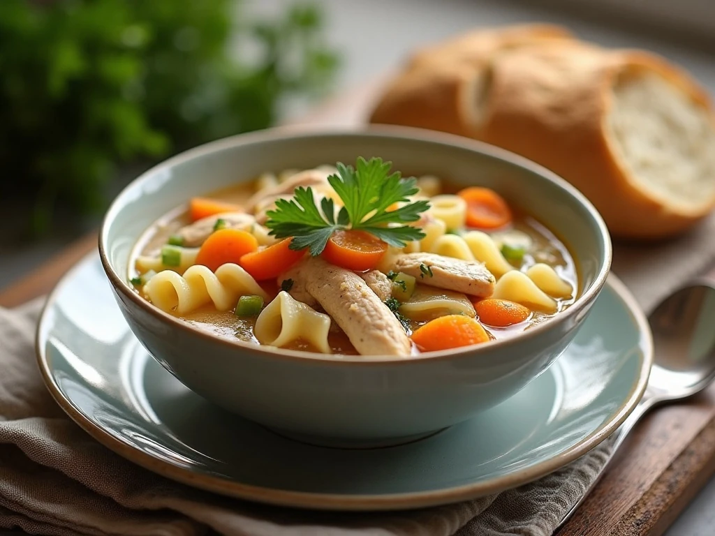 Homemade chicken noodle soup served with bread for a comforting dinner