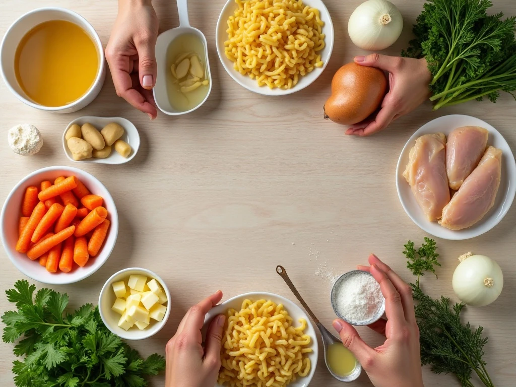 Ingredients for homemade chicken noodle soup arranged for cooking