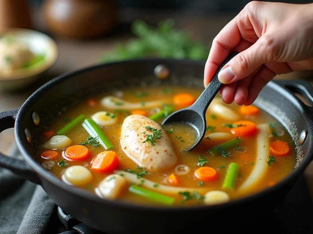 Chicken and vegetables simmering in broth for homemade noodle soup