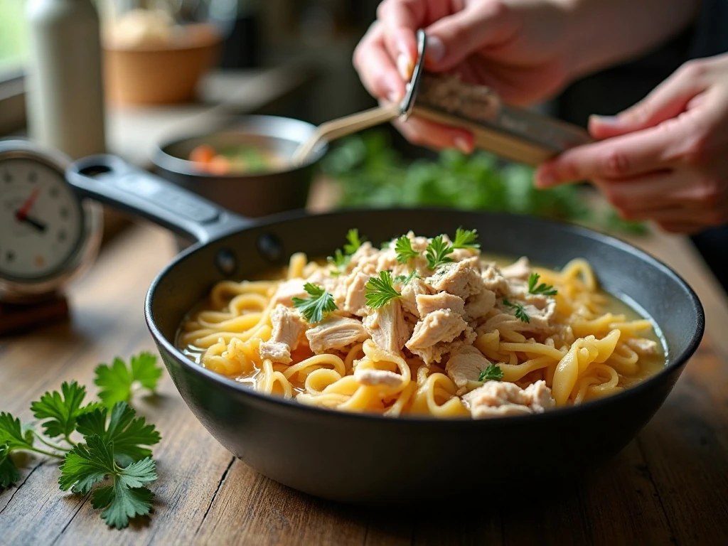 Cooked chicken and fresh herbs prepared for chicken noodle soup