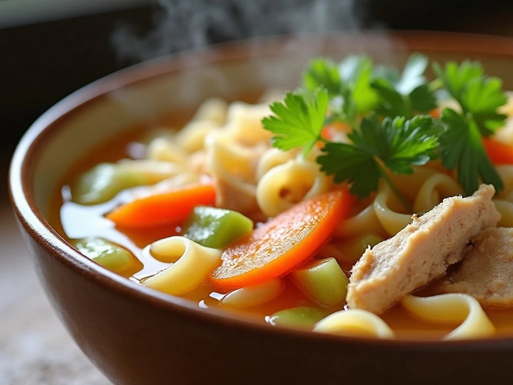 Close-up of noodles, chicken, vegetables, and parsley in homemade soup