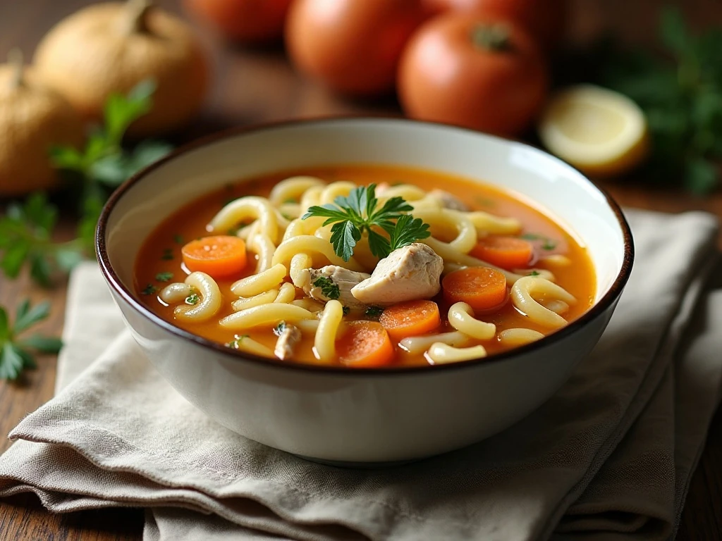 Comforting homemade chicken noodle soup served for dinner
