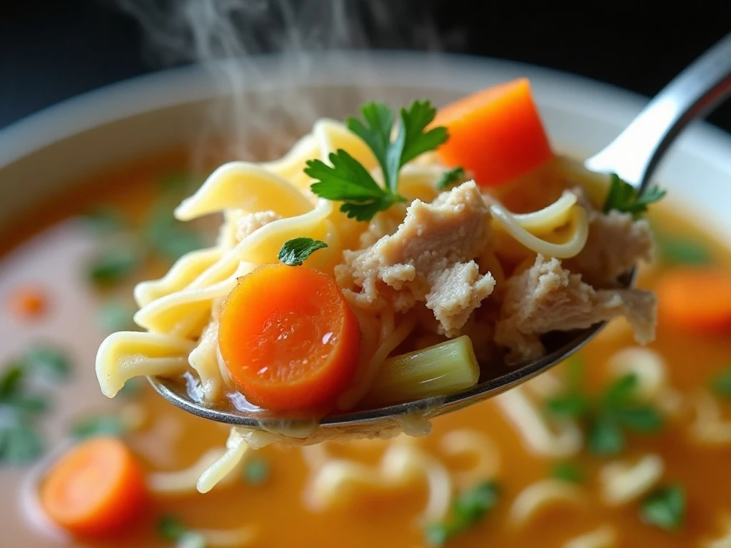 Close-up of chicken, noodles, vegetables, and parsley in soup