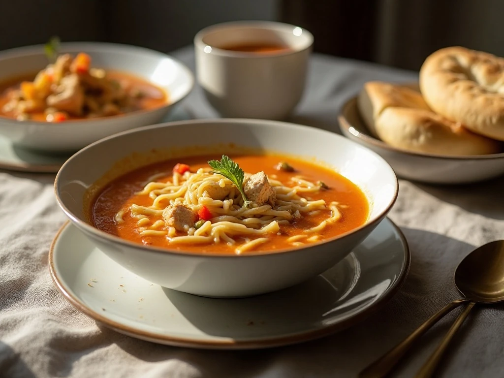 Chicken noodle soup served with bread and naan