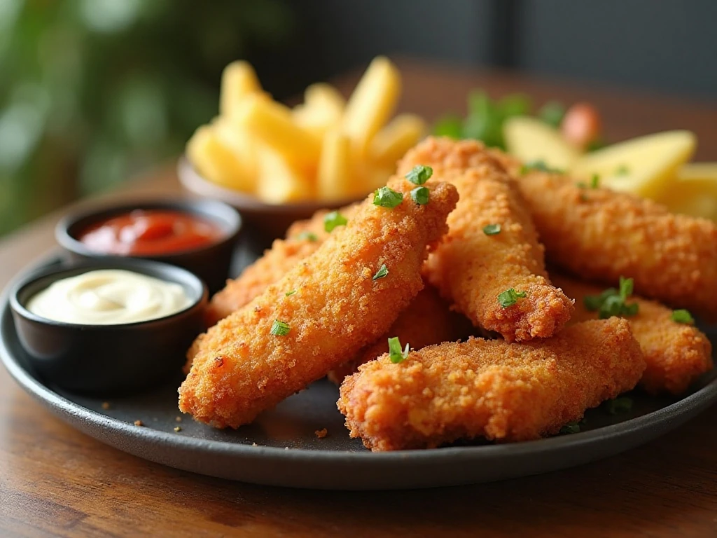 Crispy homemade chicken tenders served with dipping sauces