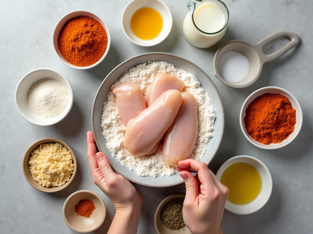 Ingredients for homemade crispy chicken tenders